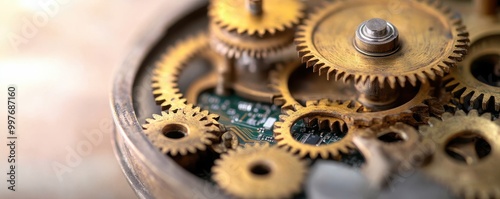 Close-up of intricate clock gears, showcasing the beauty and precision of mechanical craftsmanship in a vintage timepiece.