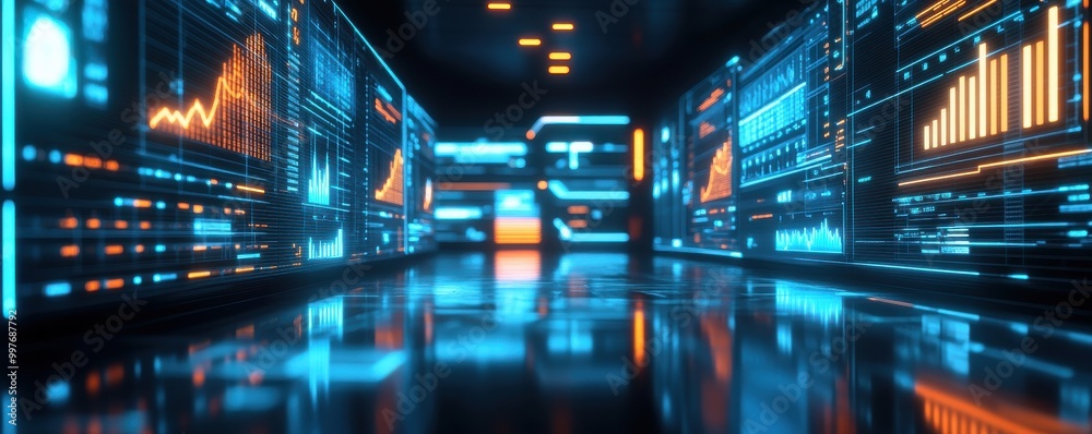 Futuristic data visualization space with neon lights and interactive charts, ideal for technology and digital themes. Futuristic data visualization space with neon lights and interactive charts, ideal for technology and digital themes.