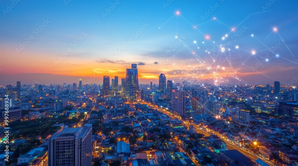 Obraz premium Capture a panoramic view of Bangkok’s skyline during sunset. Use warm hues of orange, pink, and purple to reflect the sunset sky, contrasting beautifully with the silhouettes of the city’s iconic skys