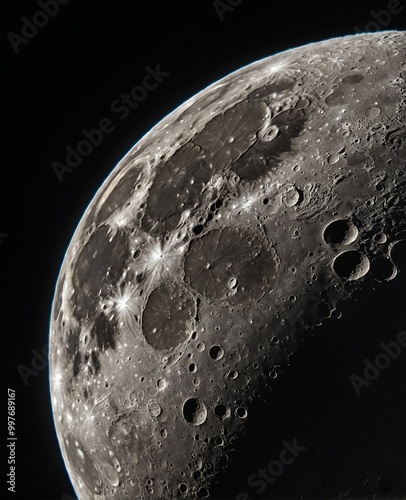 Captured on the moon, this image features rugged terrain and stark contrasts, suitable for technology and science applications.