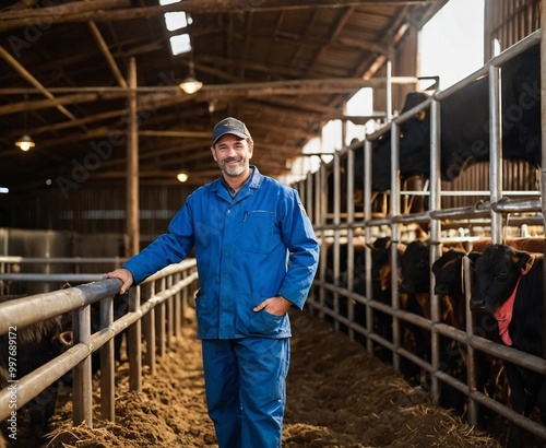 A dedicated farmer tending to a herd of healthy cows on a picturesque farm, highlighting sustainable agriculture practices."