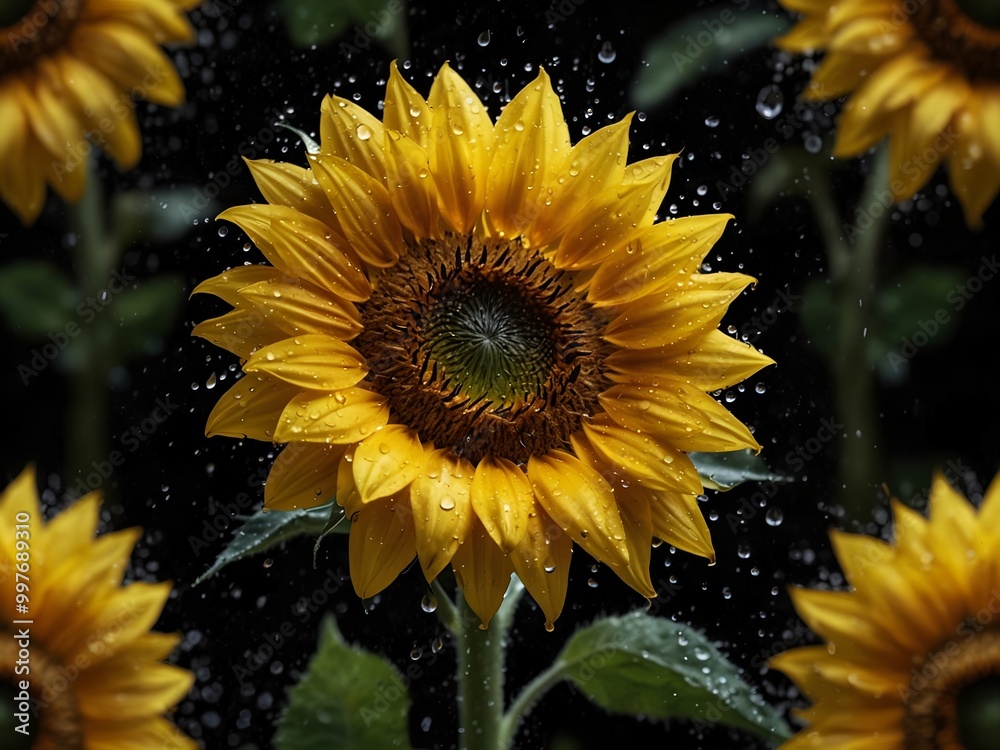 A Luminous Sunflower Amidst Raindrops and Darkness A Luminous Sunflower Amidst Raindrops and Darkness