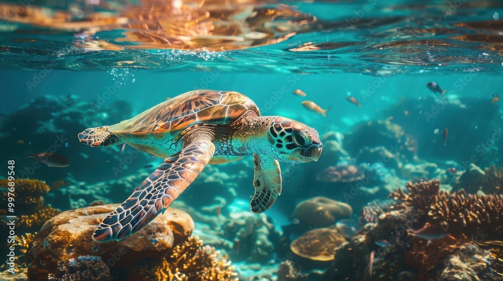 Fototapeta premium sea turtle swimming underwater in the ocean
