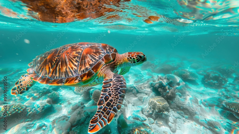 Fototapeta premium sea turtle swimming underwater in the ocean