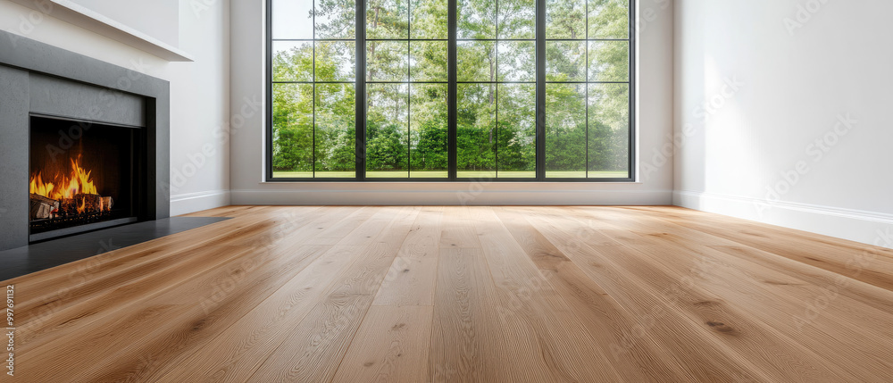 Obraz premium Explore a stunning luxury living room featuring hardwood floors, a cozy fireplace, and large windows that frame a beautiful outdoor view. Perfect for modern home design.