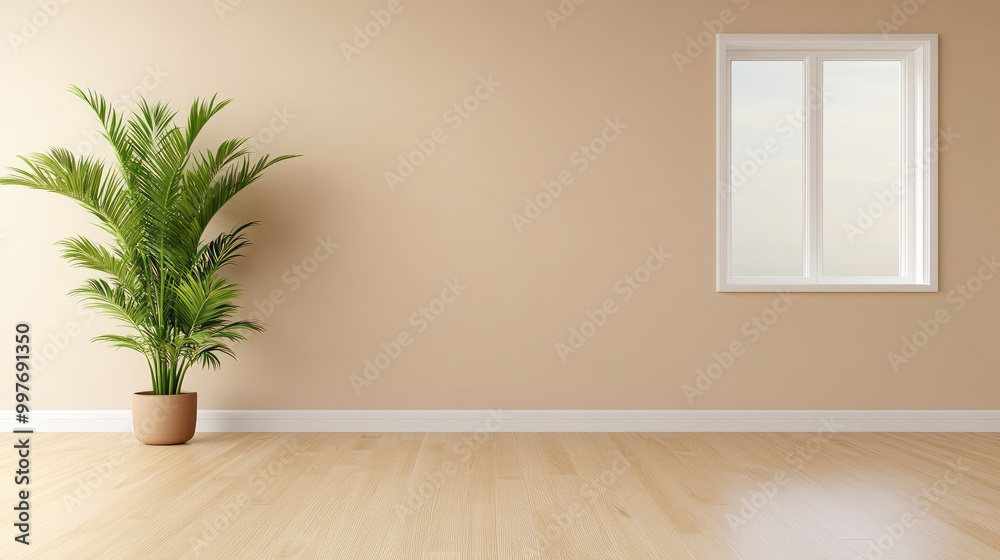 Explore this empty beige living room featuring a panoramic window that frames a stunning tropical view, perfect for modern home decor inspiration.