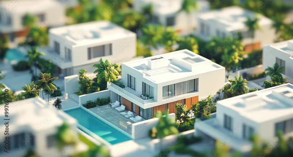 A modern and minimalistic real estate miniature model of white buildings with windows, swimming pools, plants, and trees, surrounded by other houses A modern and minimalistic real estate miniature model of white buildings with windows, swimming pools, plants, and trees, surrounded by other houses