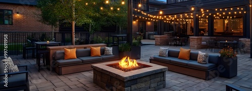 21. An inviting outdoor patio with comfortable seating, a fire pit, and string lights