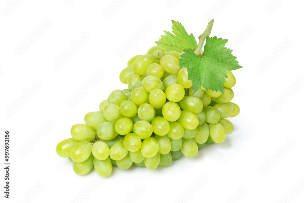 Fototapeta premium Green grapes with leaf isolated on white background.