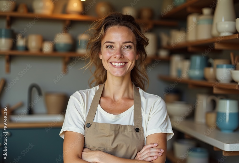 Smiling Ceramic Artist: Small Business Owner Posing in Her Studio Smiling Ceramic Artist: Small Business Owner Posing in Her Studio