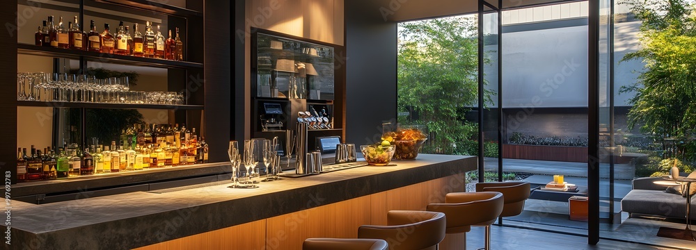 22. A sophisticated home bar with high stools, a sleek counter, and elegant glassware