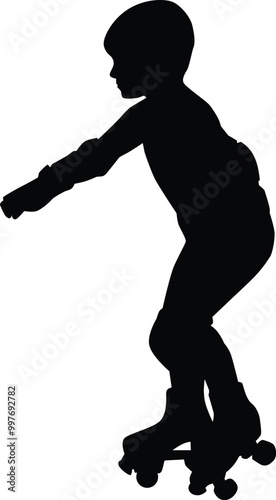 Hand drawn toddler roller skating silhouette. Kids playing outdoor activity full body illustration