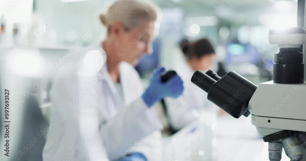 Innovation, microscope and science with person in laboratory for breakthrough, development or discovery. Healthcare, medical and research with scientist working for future study of pharmaceuticals Innovation, microscope and science with person in laboratory for breakthrough, development or discovery. Healthcare, medical and research with scientist working for future study of pharmaceuticals