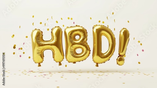 Gold HBD Balloon Letters With Falling Confetti for Birthday Celebrations and Party Decor on a White Background