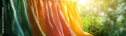 Bright eco-friendly fabric dyeing process with plants and herbs, sunlight illuminating natural hues, natural dye process, eco-conscious textiles photo