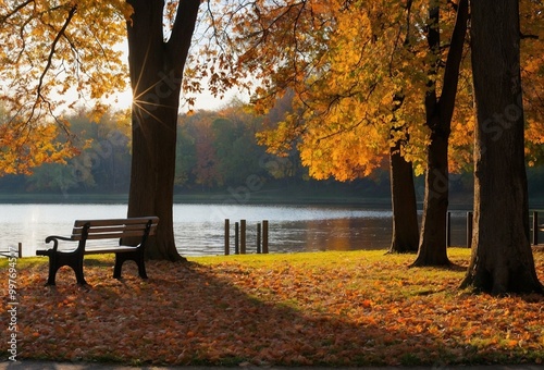 Vibrant autumn foliage in a serene park setting, perfect for seasonal promotions or nature-themed projects.