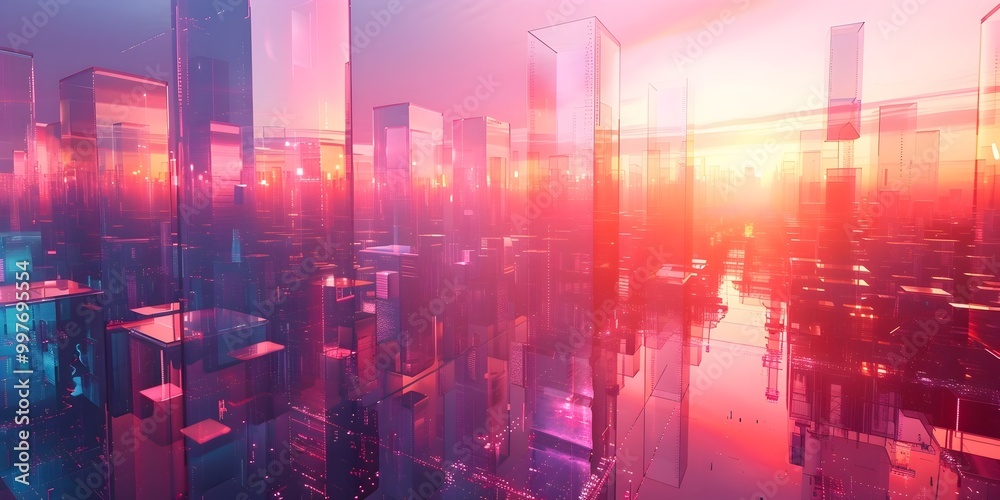 Fototapeta premium A cityscape with a pink and orange sunset in the background