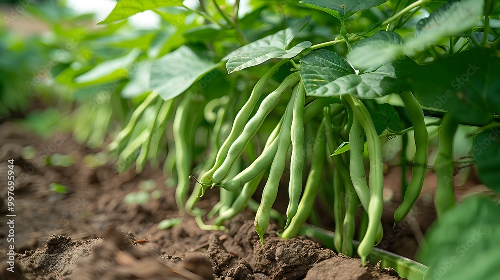 A field of green beans is growing in the dirt A field of green beans is growing in the dirt