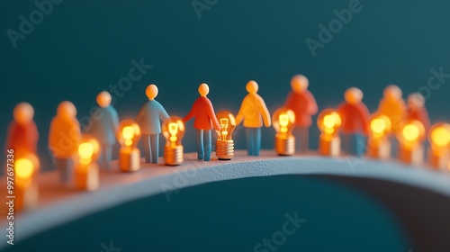 Group of professionals building a bridge made of glowing lightbulbs, representing collaboration in business, teamwork, creative problemsolving photo