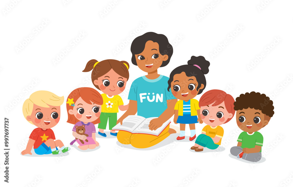 A teacher is sitting and reading a storybook to young students. The children are seated around the teacher on floor, listening intently. A teacher is sitting and reading a storybook to young students. The children are seated around the teacher on floor, listening intently.