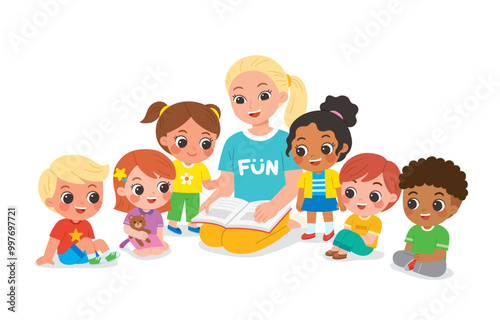 A teacher is sitting and reading a storybook to young students. The children are seated around the teacher on floor, listening intently.