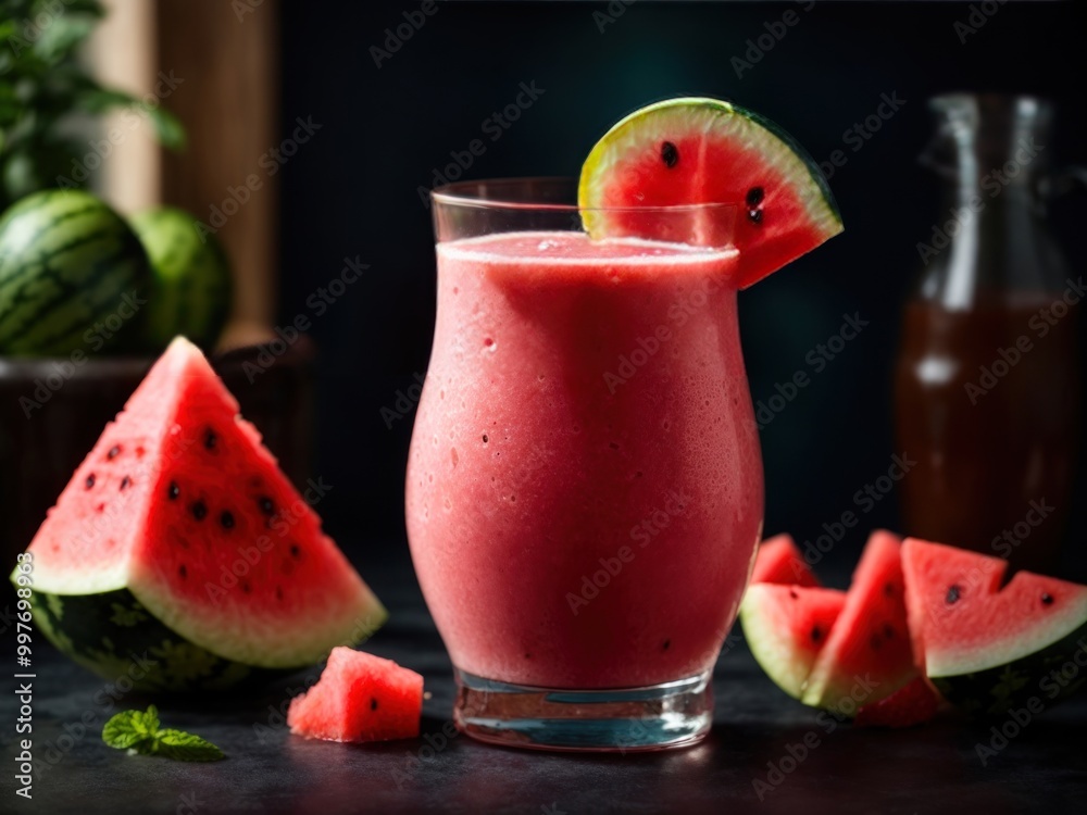Cold watermelon smoothie on dark background Cold watermelon smoothie on dark background