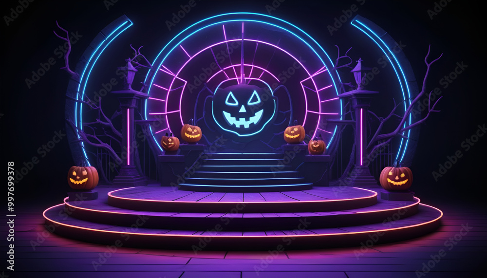 Fototapeta premium Halloween podium with neon lights , Halloween background copy space , Generated by AI