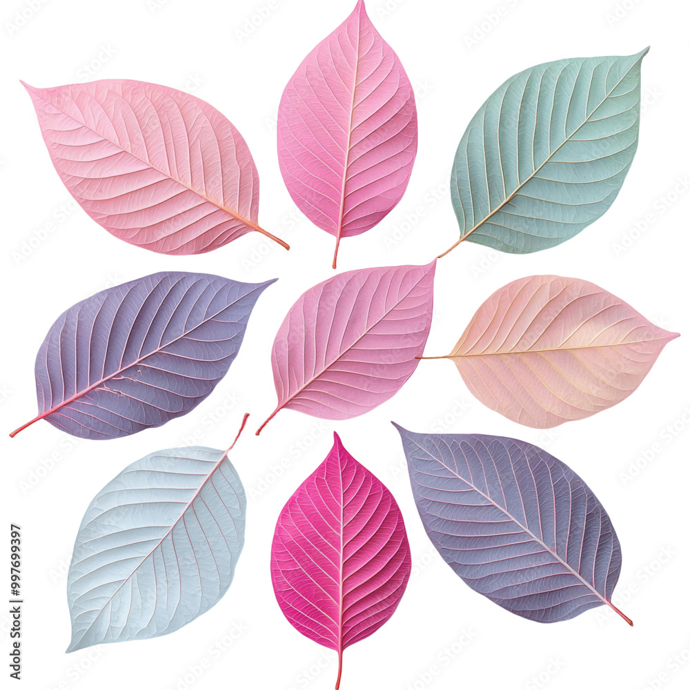 Obraz premium Pastel colored leaves in variety of shapes create visually appealing arrangement, showcasing soft hues of pink, blue, and purple. This delightful composition adds touch of natures beauty