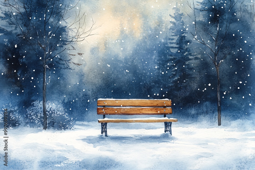 Watercolor Painting of Empty Park Bench Amidst Freshly Fallen Snow: Delicate Snowflakes Softly Descending Watercolor Painting of Empty Park Bench Amidst Freshly Fallen Snow: Delicate Snowflakes Softly Descending