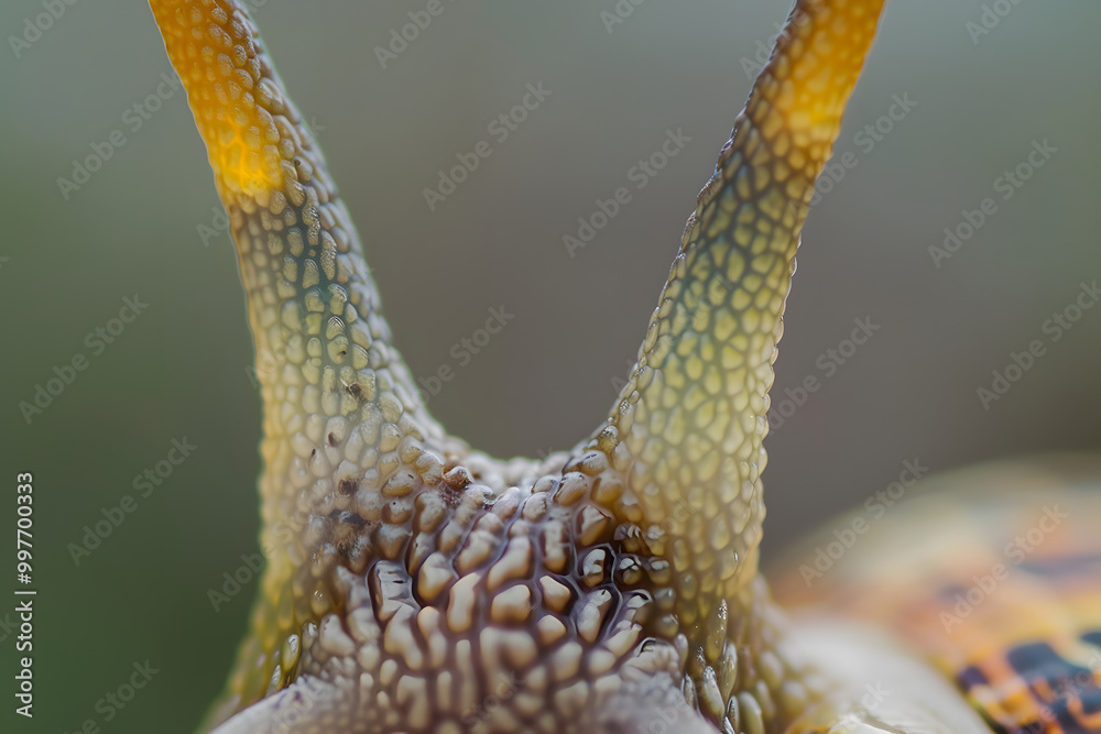 Macro shot of snails antennae and eyes, showcasing intricate details and textures. vibrant colors and patterns create fascinating view of this small creatures anatomy