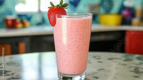 Fresh fruit smoothie made with strawberries, bananas, and almond milk, served in a glass with a vibrant kitchen backdrop