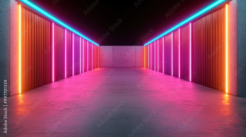 Fototapeta premium Vibrant neon corridor with glowing lights and concrete walls.