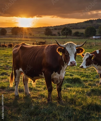 Pastoral sunset featuring grazing cows, perfect for agriculture-related content, environmental awareness campaigns, or rustic lifestyle themes.