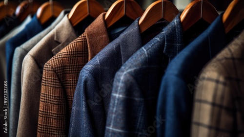 Close-up of Suits Hanging on Wooden Hangers