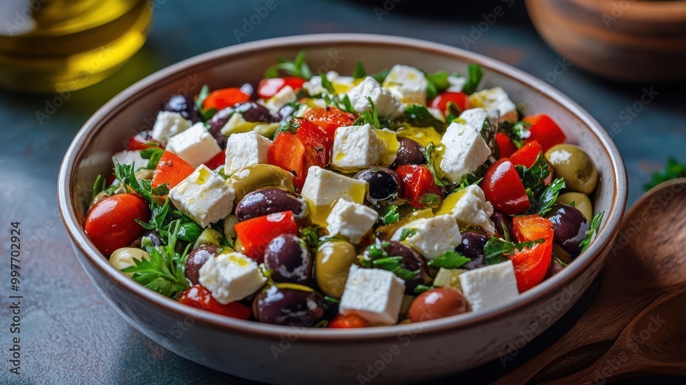 A bowl of keto-friendly Greek salad with olives, feta cheese, and a drizzle of olive oil, keto salad, low-carb Mediterranean dish A bowl of keto-friendly Greek salad with olives, feta cheese, and a drizzle of olive oil, keto salad, low-carb Mediterranean dish