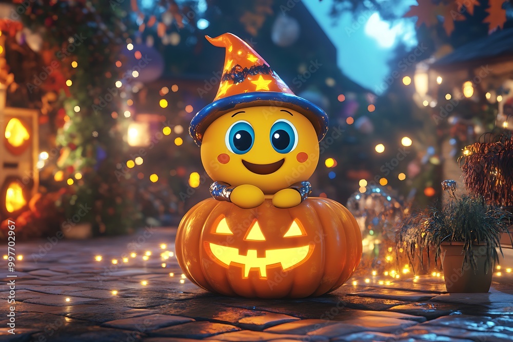 Naklejka premium Smiling Emoji in a Witch Hat Inside a Jack-o'-Lantern