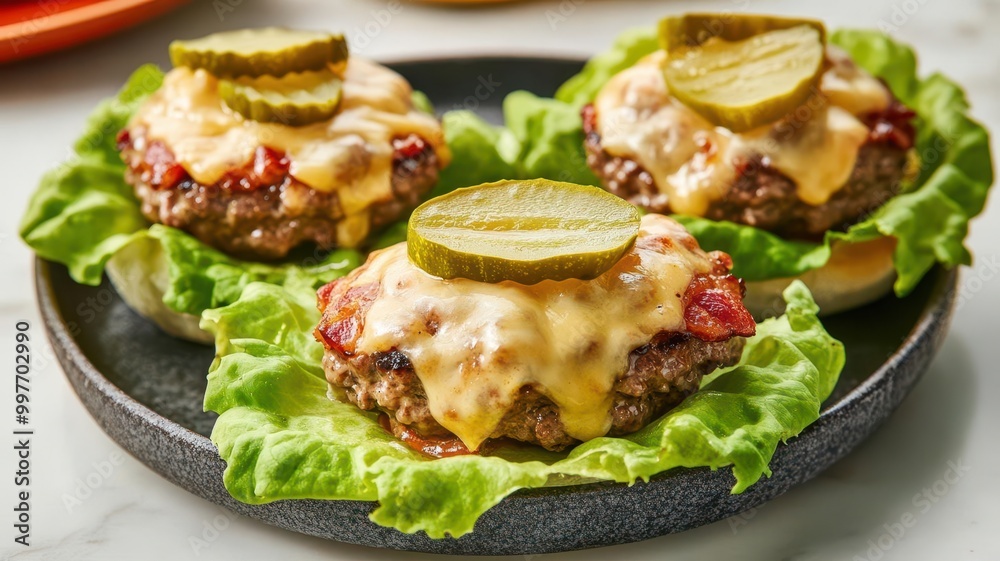 Keto bacon cheeseburger sliders on lettuce buns, topped with melted cheese and pickles, keto burgers, low-carb fast food alternative Keto bacon cheeseburger sliders on lettuce buns, topped with melted cheese and pickles, keto burgers, low-carb fast food alternative