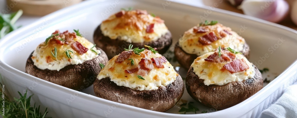 Keto stuffed mushrooms filled with cream cheese and bacon, baked to golden perfection, keto appetizer, low-carb meal prep Keto stuffed mushrooms filled with cream cheese and bacon, baked to golden perfection, keto appetizer, low-carb meal prep