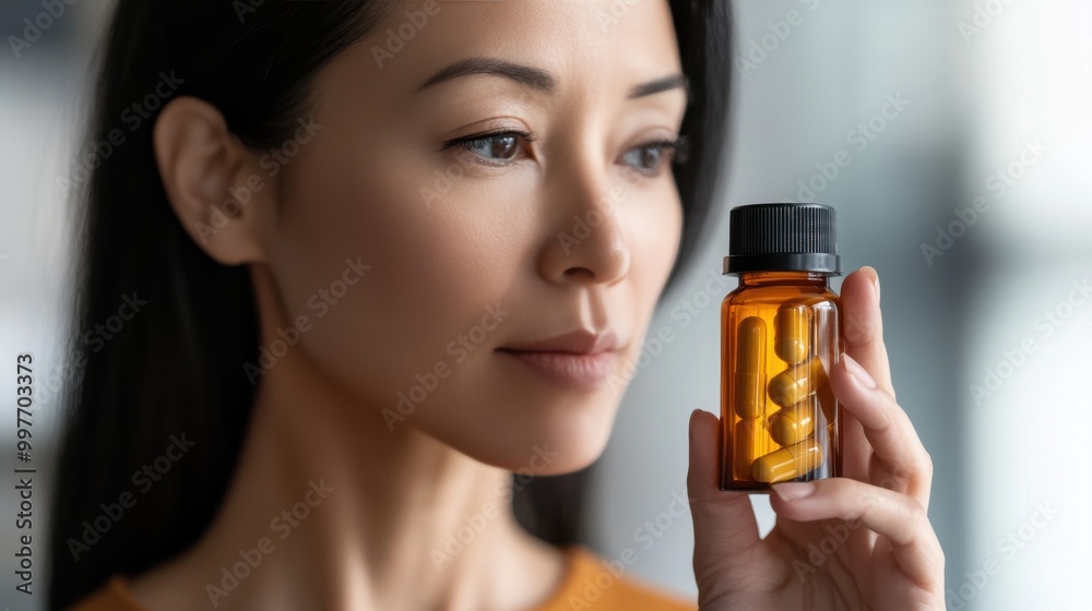 A determined woman holding a small bottle of weight-loss pills. emphasizing wellness and personal transformation. A determined woman holding a small bottle of weight-loss pills. emphasizing wellness and personal transformation.