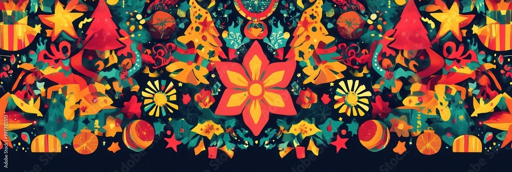 This intricate pattern features a blend of Christmas trees, stars, snowflakes, and gifts, celebrating the festive spirit. Generative AI This intricate pattern features a blend of Christmas trees, stars, snowflakes, and gifts, celebrating the festive spirit. Generative AI
