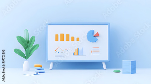 A computer monitor with a pie chart on it, 3d style