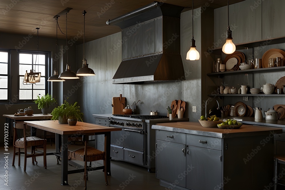 industrial kitchen. metal cabinets, bold lighting and rough elements.