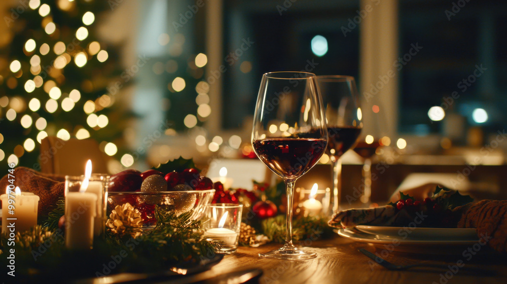 Cozy dinner table with candles and wine glasses
