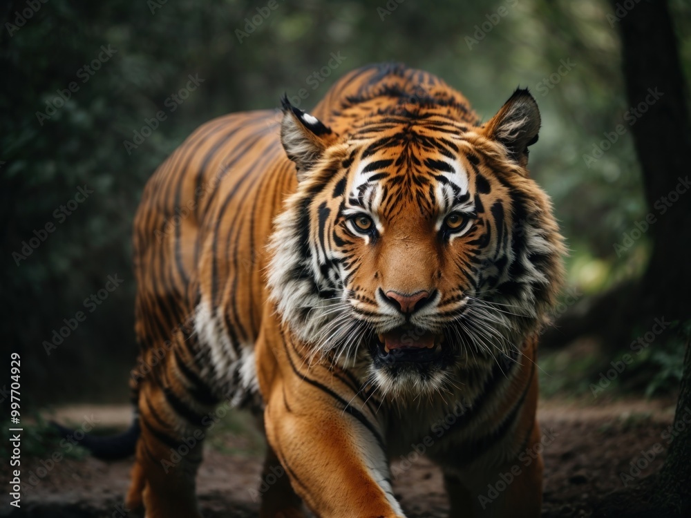 Fototapeta premium tiger looking with the open mouth in dark forest