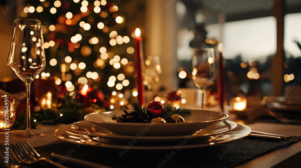 A beautifully set table for a festive holiday dinner, adorned with Christmas decorations and sparkling lights. A beautifully set table for a festive holiday dinner, adorned with Christmas decorations and sparkling lights.