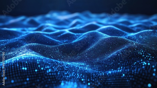 Abstract Blue Wavy Pattern with Glowing Dots