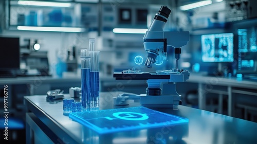 A blue science laboratory scene with the blue medical symbol as the focal point, shown on a clean laboratory countertop with a background of blue-toned lab tools and equipment.