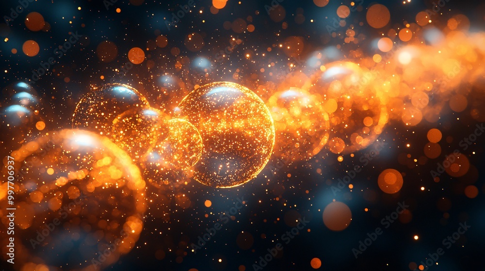Glowing golden bubbles forming a trail as they pass through layers of translucent skin cells Glowing golden bubbles forming a trail as they pass through layers of translucent skin cells