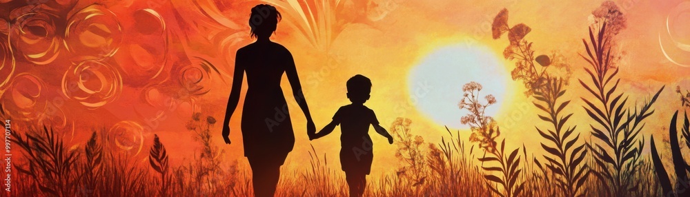 Serene Moment in Nature - Mother and Child Walking through a Sunset Meadow with Abstract Patterns Serene Moment in Nature - Mother and Child Walking through a Sunset Meadow with Abstract Patterns