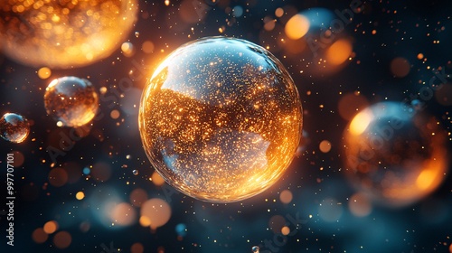 A golden bubble floating amidst transparent skin cells with a glowing effect